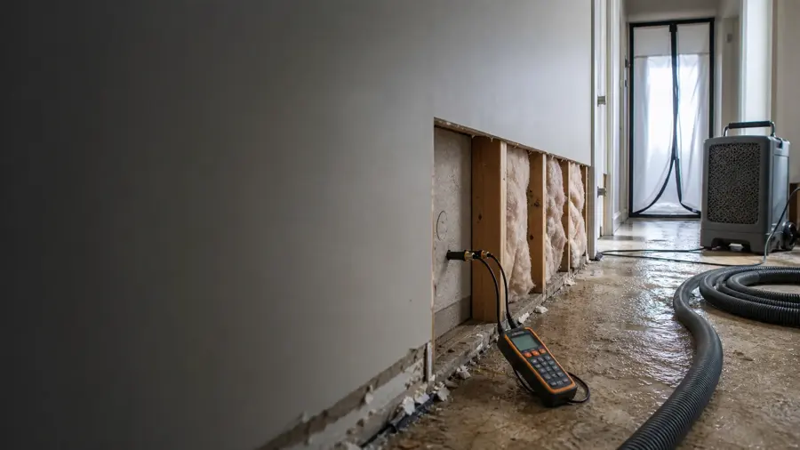 Flood-cut wall with a moisture meter and dehumidifier drying a Greeley home