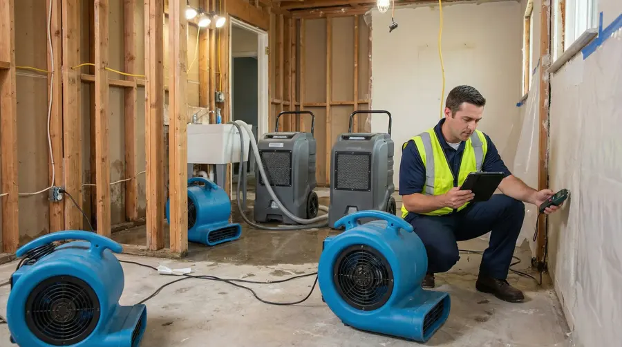 Restoration tech taking moisture readings among air movers and dehumidifiers in a gutted Greeley room