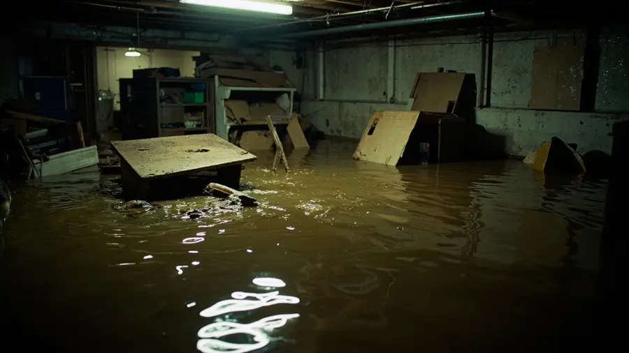 Standing water across a flooded basement in Greeley