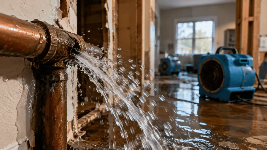 Water spraying from a burst supply pipe with air movers behind it in a Greeley home