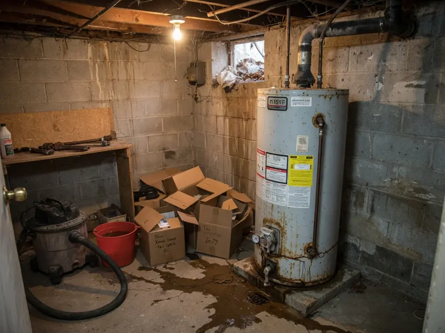 Leaking water heater in an older Greeley basement utility room