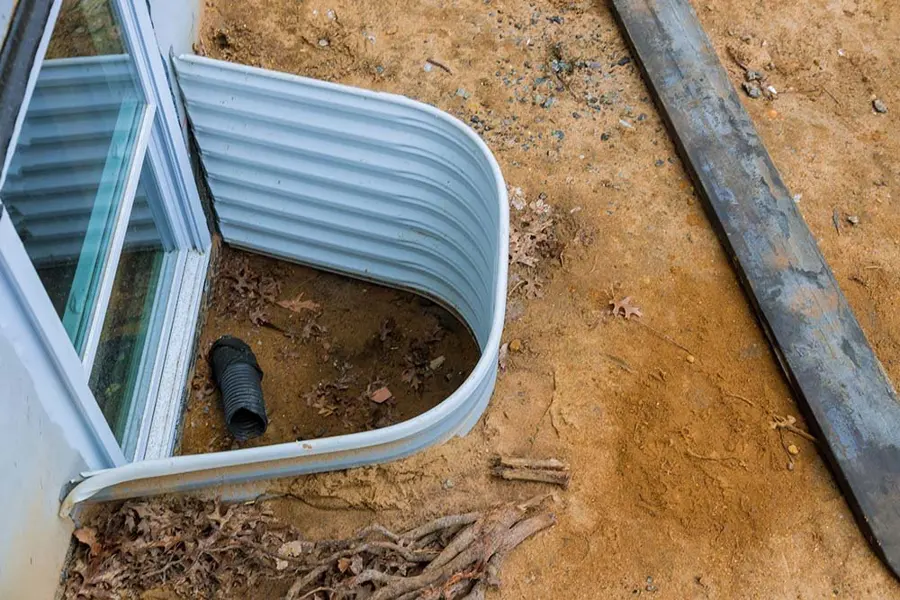 Metal window well and drain outside a Greeley basement window